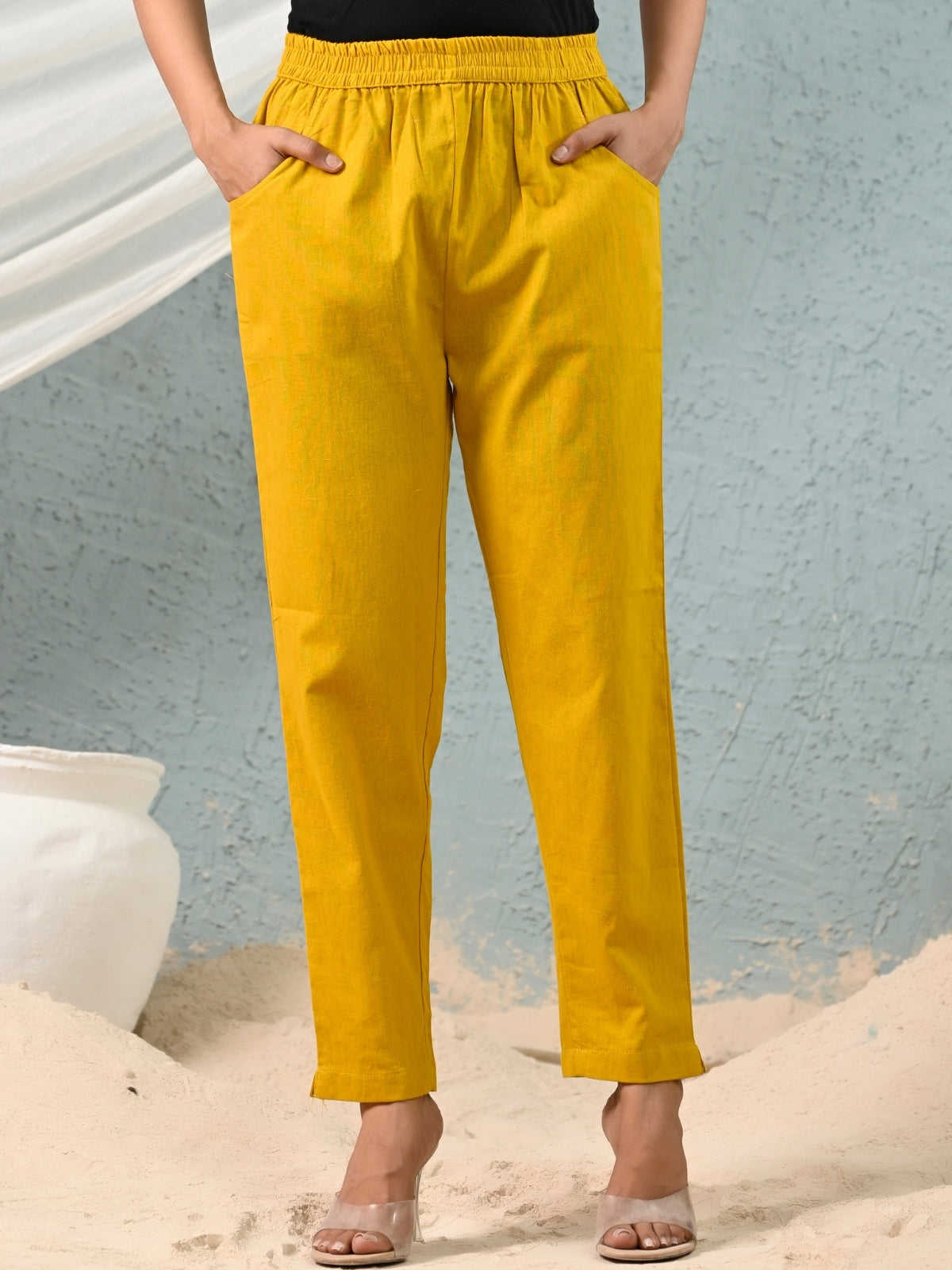 Women's Mustard Regular Fit Elastic Cotton Trouser