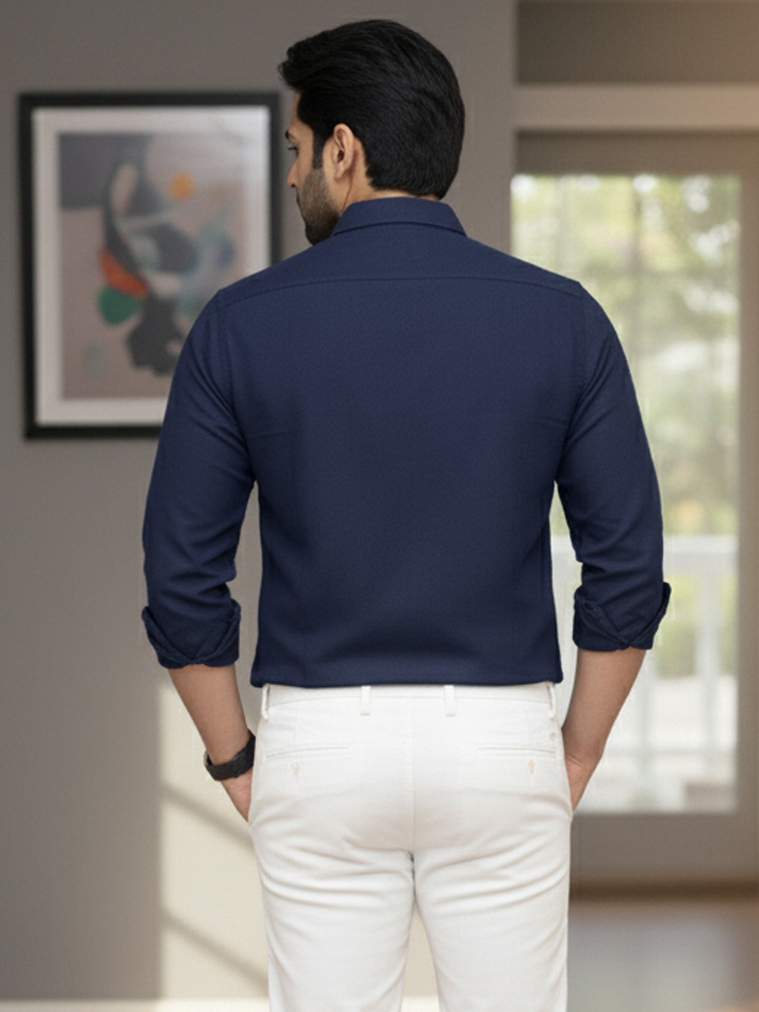 Mens Solid Navy Blue Full Sleeve Cotton Blend Shirt