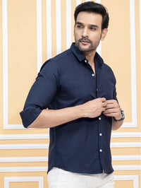 Mens Solid Navy Blue Full Sleeve Cotton Blend Shirt