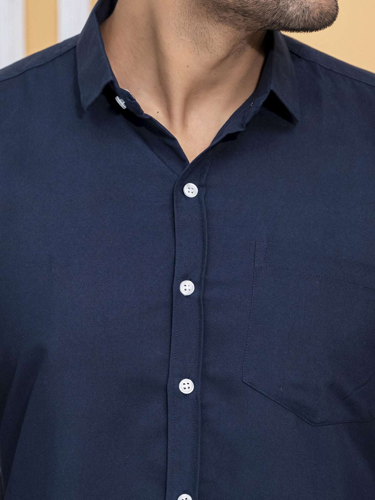 Mens Solid Navy Blue Full Sleeve Cotton Blend Shirt