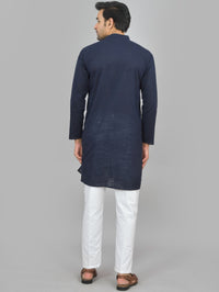 Quaclo Mens Solid Navy Blue Cotton Long Kurta