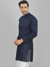 Quaclo Mens Solid Navy Blue Cotton Long Kurta