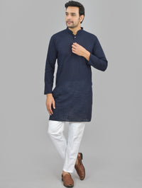 Quaclo Mens Solid Navy Blue Cotton Long Kurta