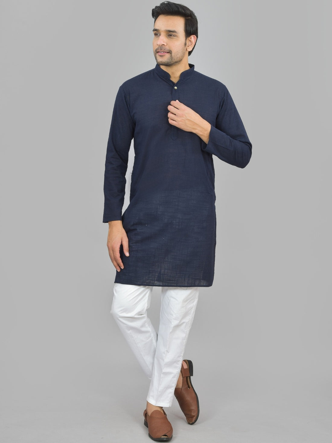 Mens Solid Navy Blue And Wine Cotton Long Kurta Combo