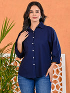 Womens Solid Blue Loose Fit Cotton Shirt