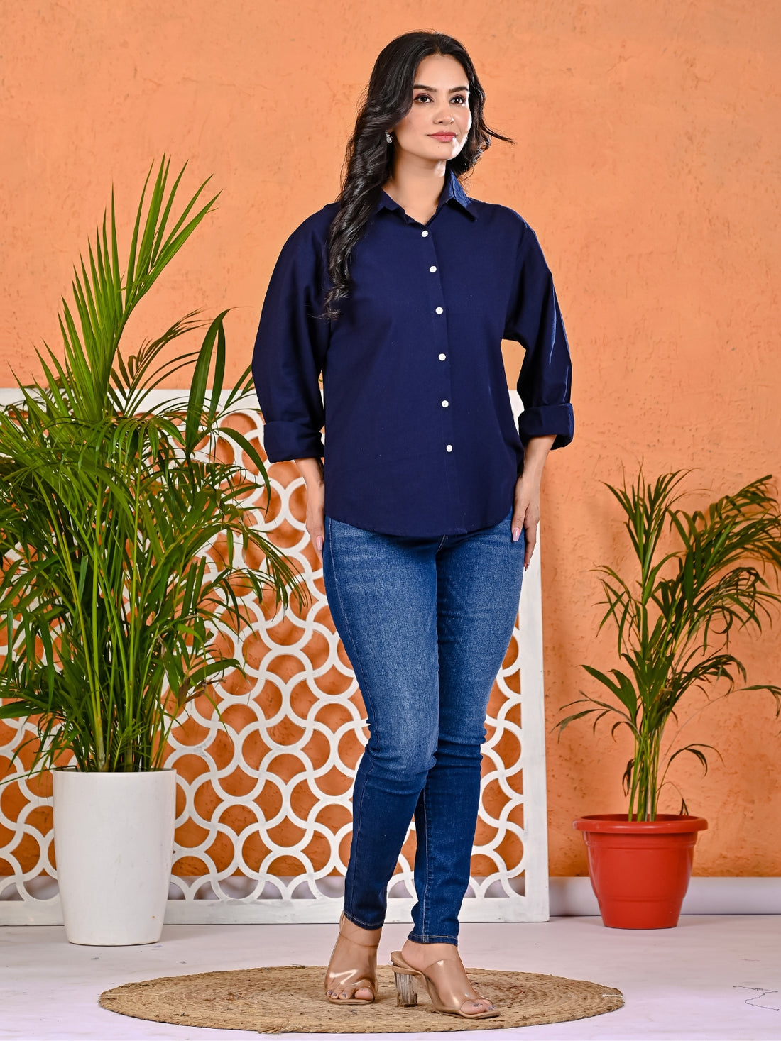 Pack Of 2 Womens Navy Blue And White Cotton Loose Fit Shirt Combo