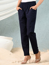 Women's Navy Blue Regular Fit Elastic Cotton Trouser