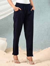 Women's Navy Blue Regular Fit Elastic Cotton Trouser