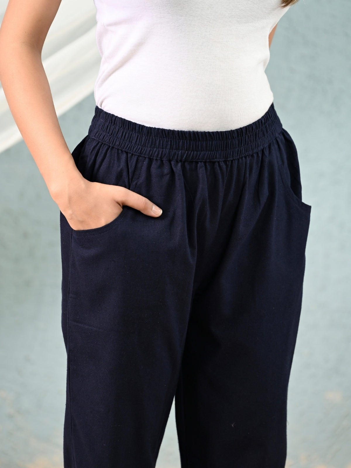 Women's Navy Blue Regular Fit Elastic Cotton Trouser