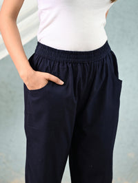 Women's Navy Blue Regular Fit Elastic Cotton Trouser