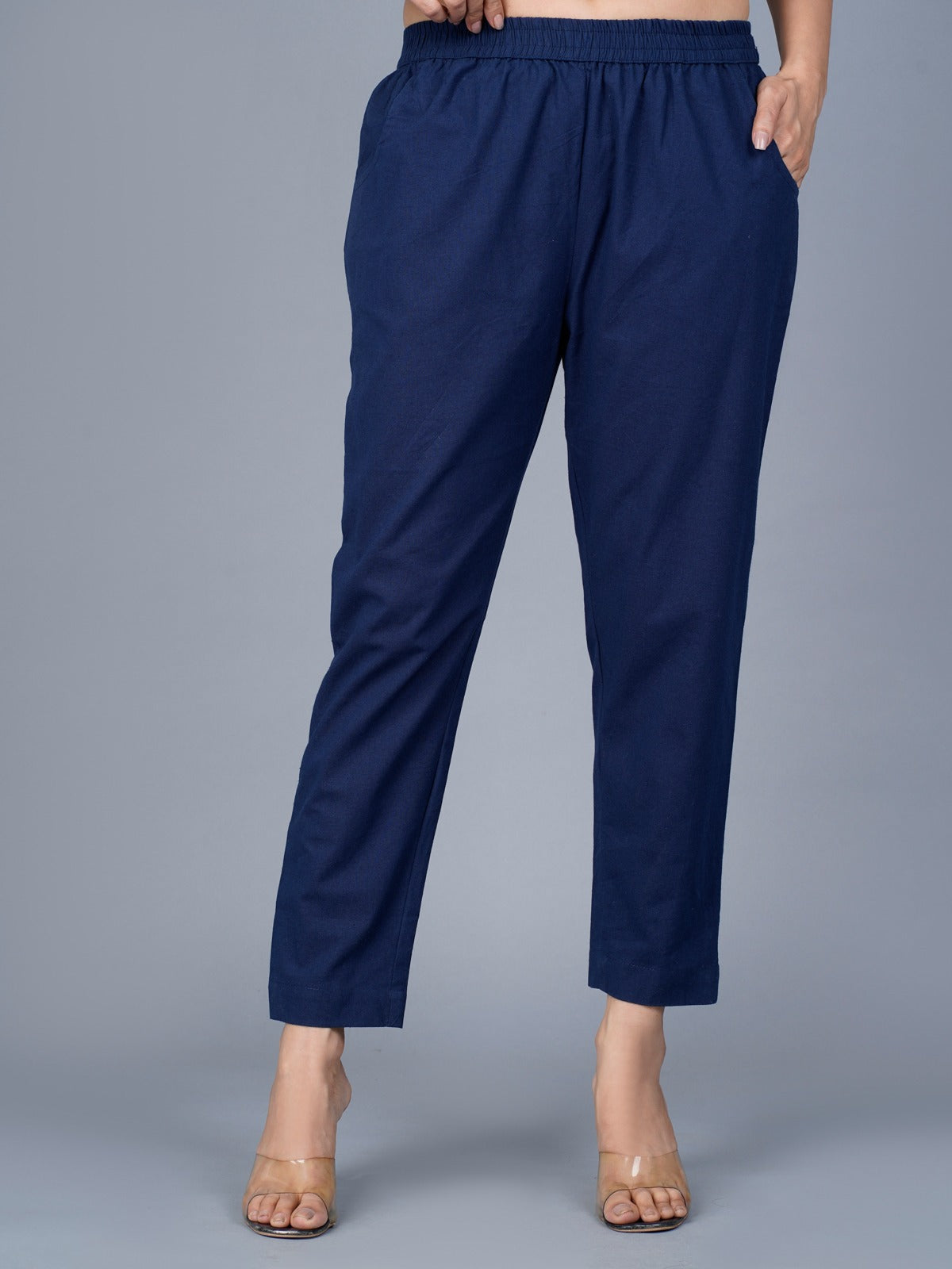 Pack Of 2 Womens Regular Fit Melange Grey And Navy Blue Fully Elastic Waistband Cotton Trouser