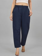 Womens Navy Blue Regular Fit Cotton Formal Trouser