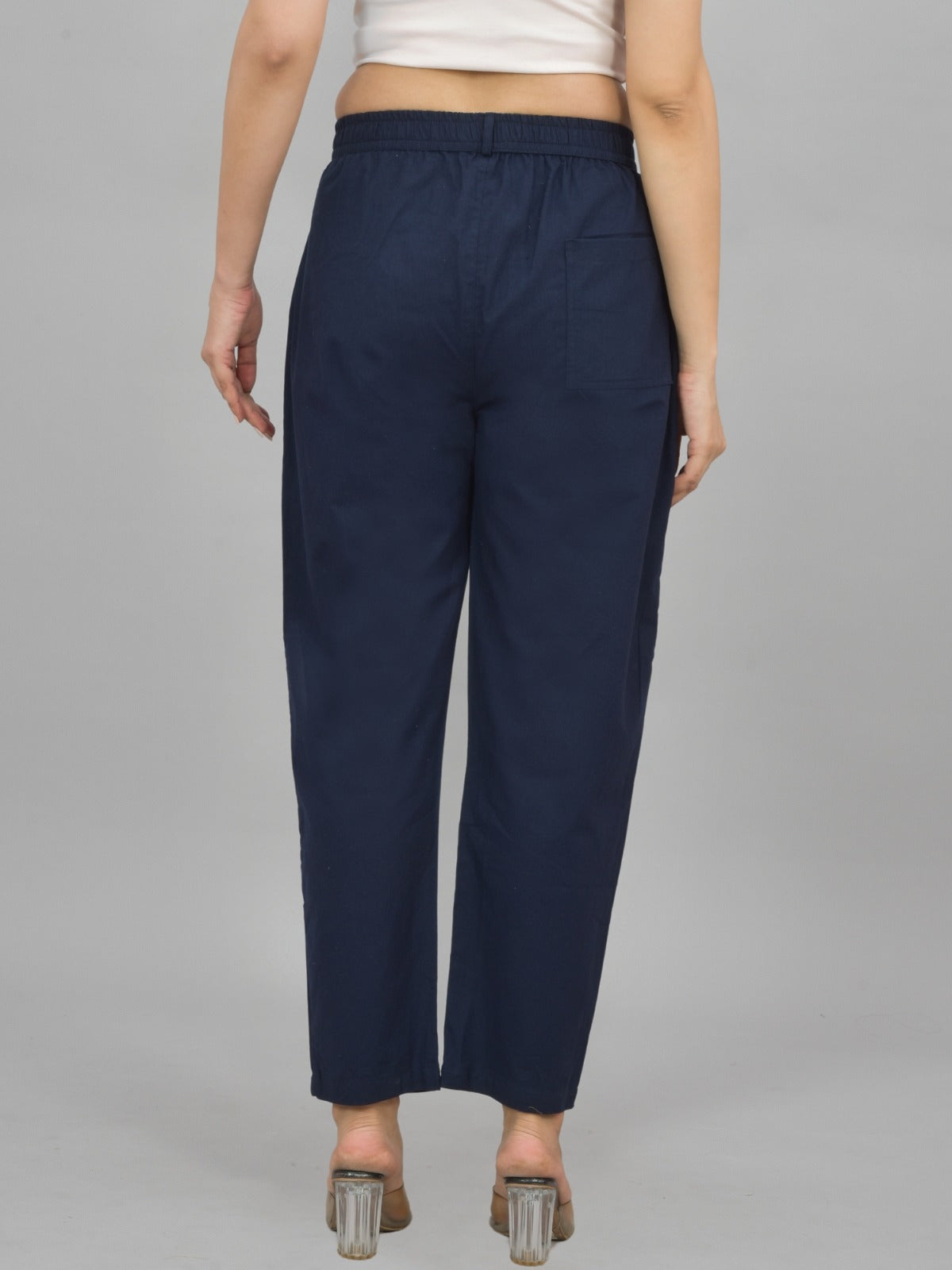 Womens Navy Blue Regular Fit Cotton Formal Trouser