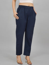 Womens Navy Blue Regular Fit Cotton Formal Trouser