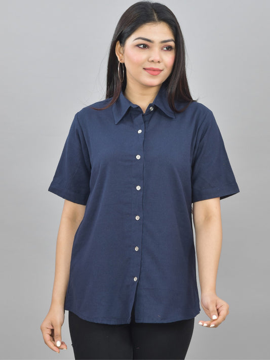 Women Solid Navy Blue Half Sleeve Spread Collar Cotton Shirt