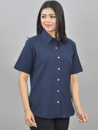 Women Solid Navy Blue Half Sleeve Spread Collar Cotton Shirt