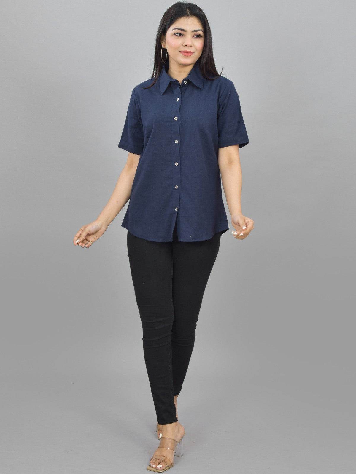 Pack Of 2 Womens Solid Mustard And Navy Blue Half Sleeve Cotton Shirts Combo