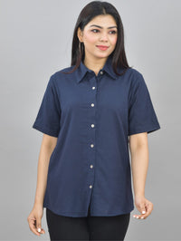 Pack Of 2 Womens Solid Beige And Navy Blue Half Sleeve Cotton Shirts Combo