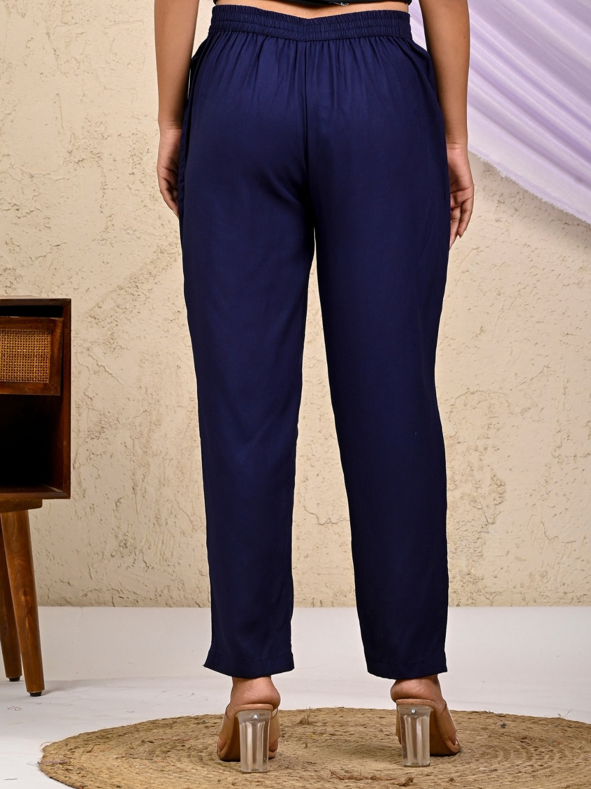 Women Regular Fit Navy Blue Rayon Trouser