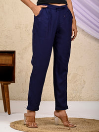 Women Regular Fit Navy Blue Rayon Trouser