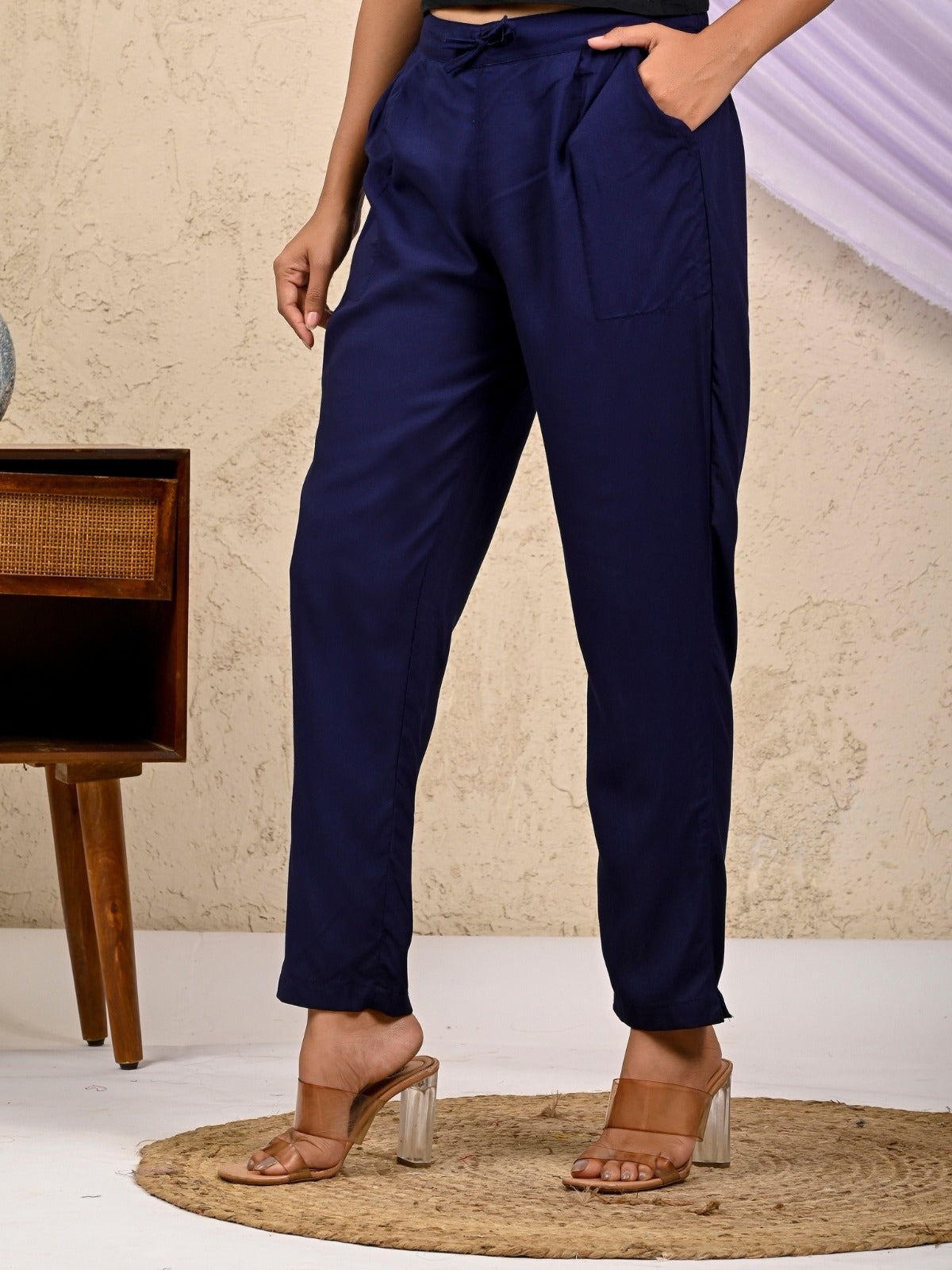 Women Regular Fit Navy Blue Rayon Trouser