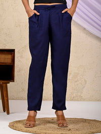 Women Regular Fit Navy Blue Rayon Trouser