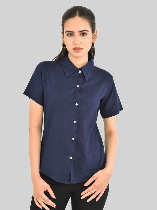 Womens Regular Fit Navy Blue Half Sleeve Cotton Shirt