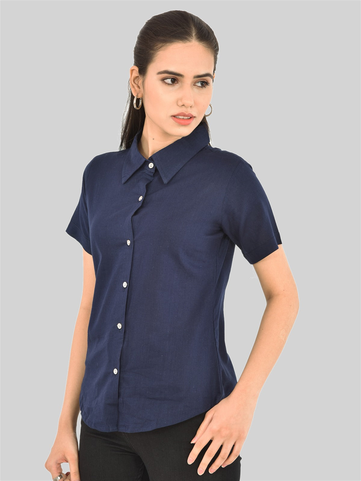 Womens Regular Fit Navy Blue Half Sleeve Cotton Shirt