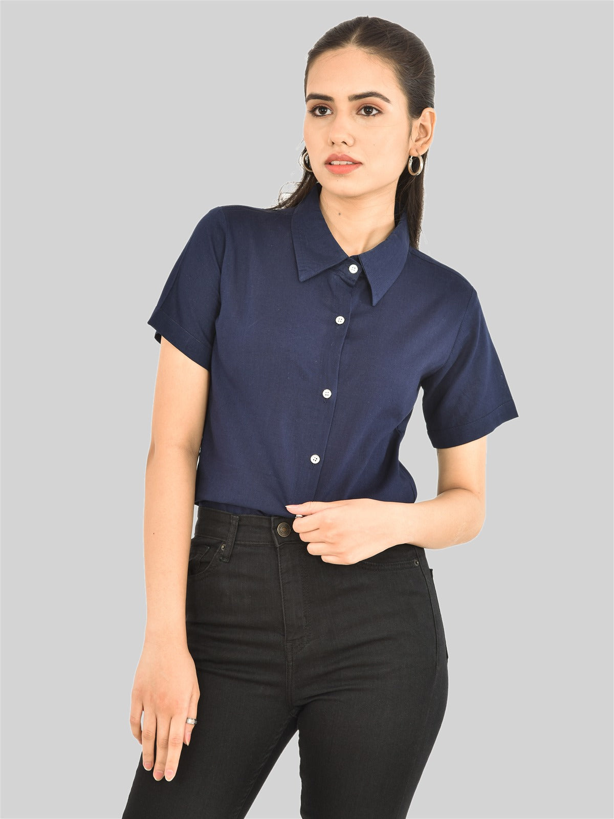 Womens Regular Fit Navy Blue Half Sleeve Cotton Shirt