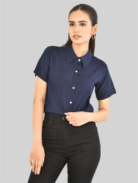 Womens Regular Fit Navy Blue Half Sleeve Cotton Shirt