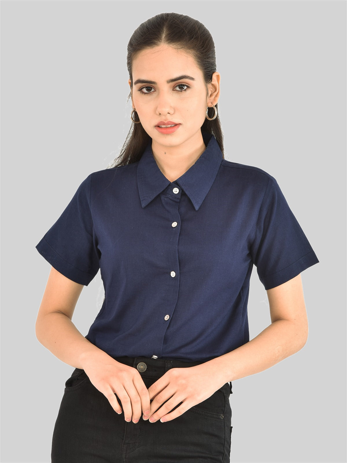 Womens Regular Fit Navy Blue Half Sleeve Cotton Shirt