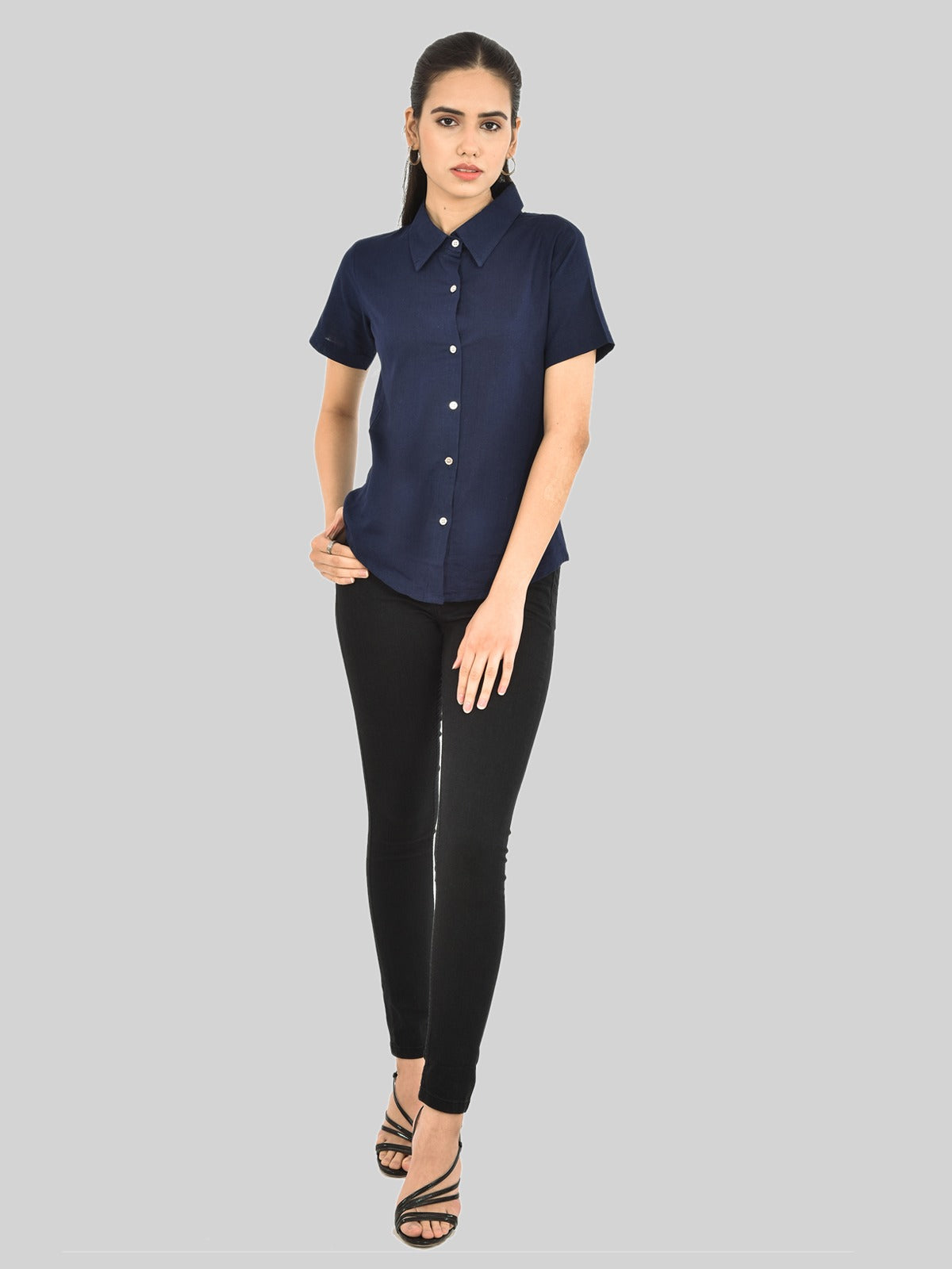 Womens Regular Fit Navy Blue Half Sleeve Cotton Shirt