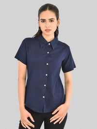 Womens Regular Fit Navy Blue Half Sleeve Cotton Shirt