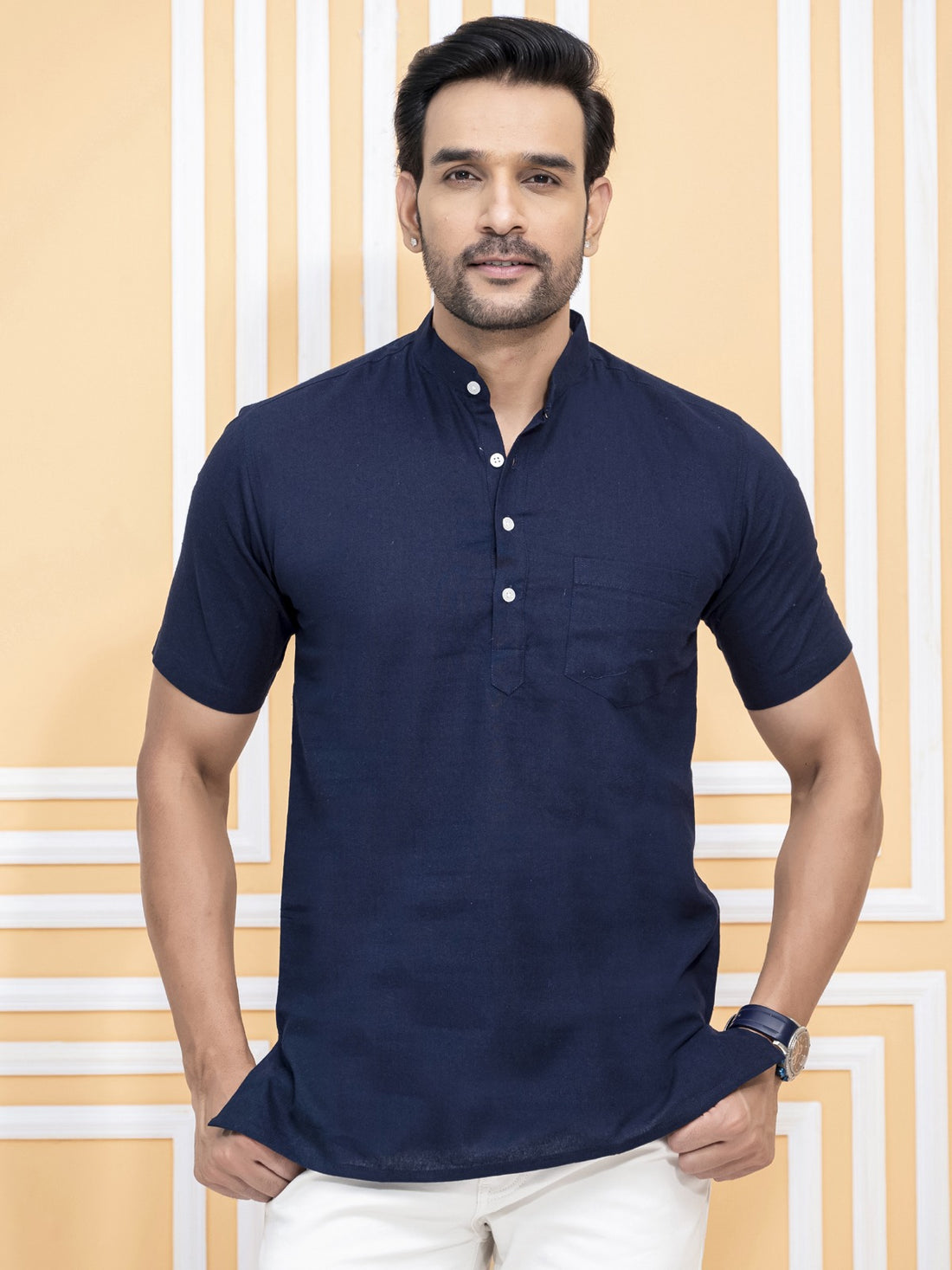 Pack Of 2 Mens Navy Blue And Olive Green Cotton Short Kurta Combo