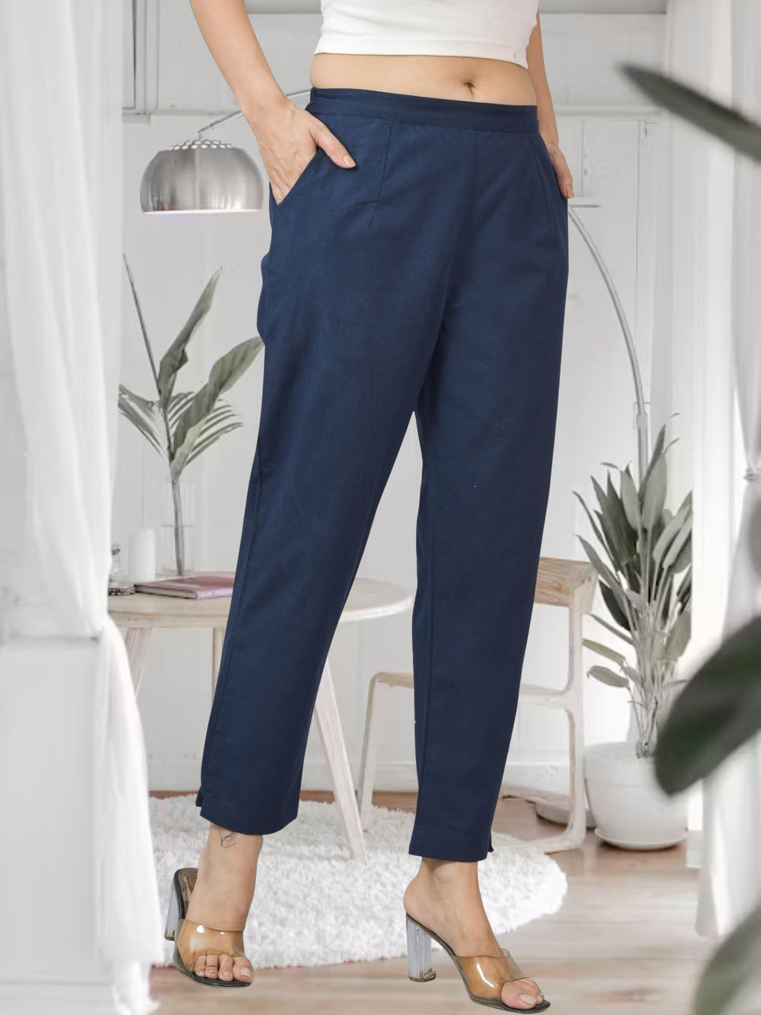 Navy Blue Half Elastic Airy Linen Cotton Pants