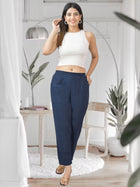 Navy Blue Half Elastic Airy Linen Cotton Pants