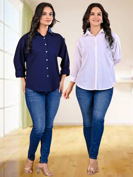 Pack Of 2 Womens Navy Blue And White Cotton Loose Fit Shirt Combo
