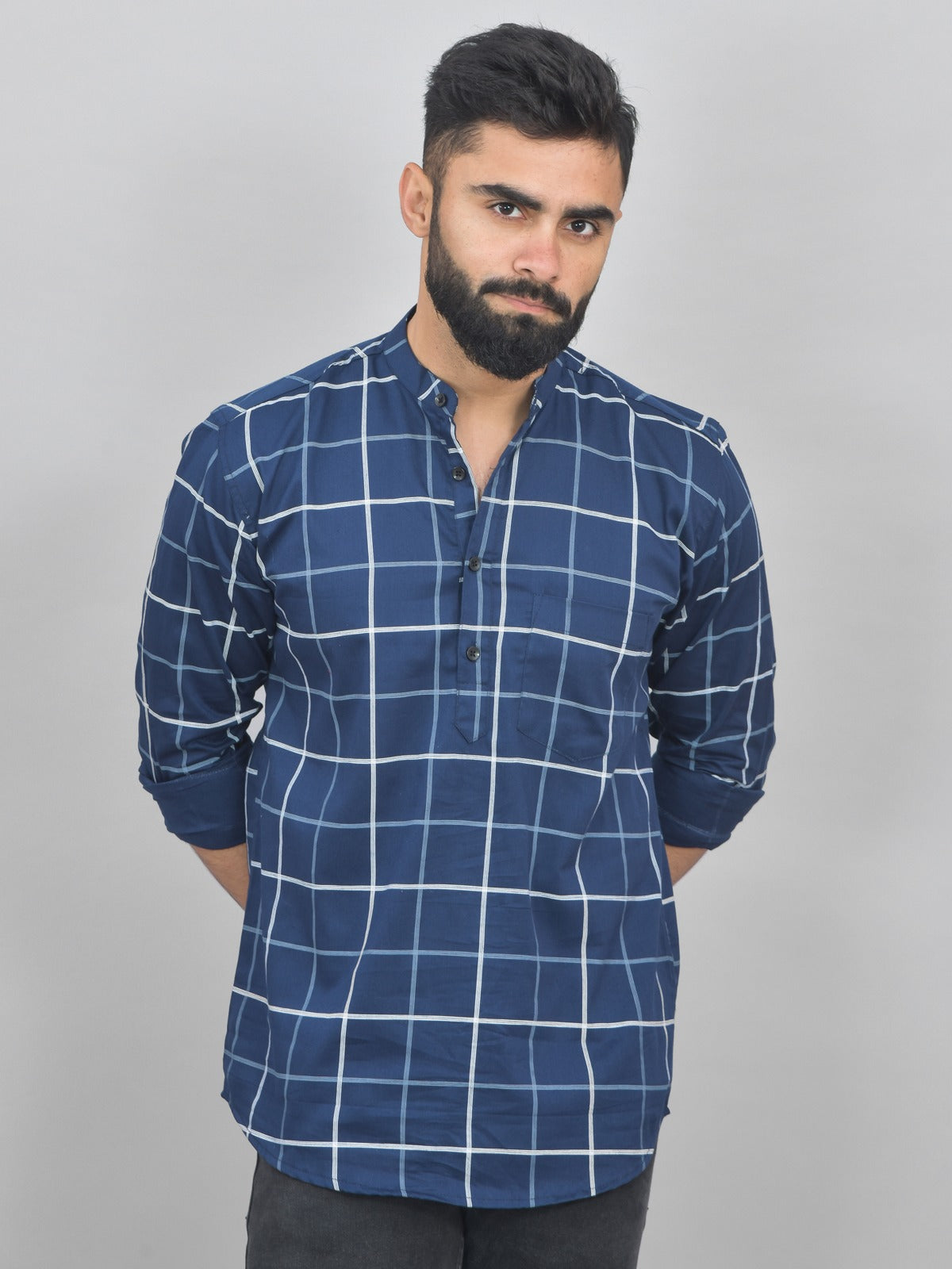 Quaclo Mens Navy Blue Wide Check Cotton Short Kurta