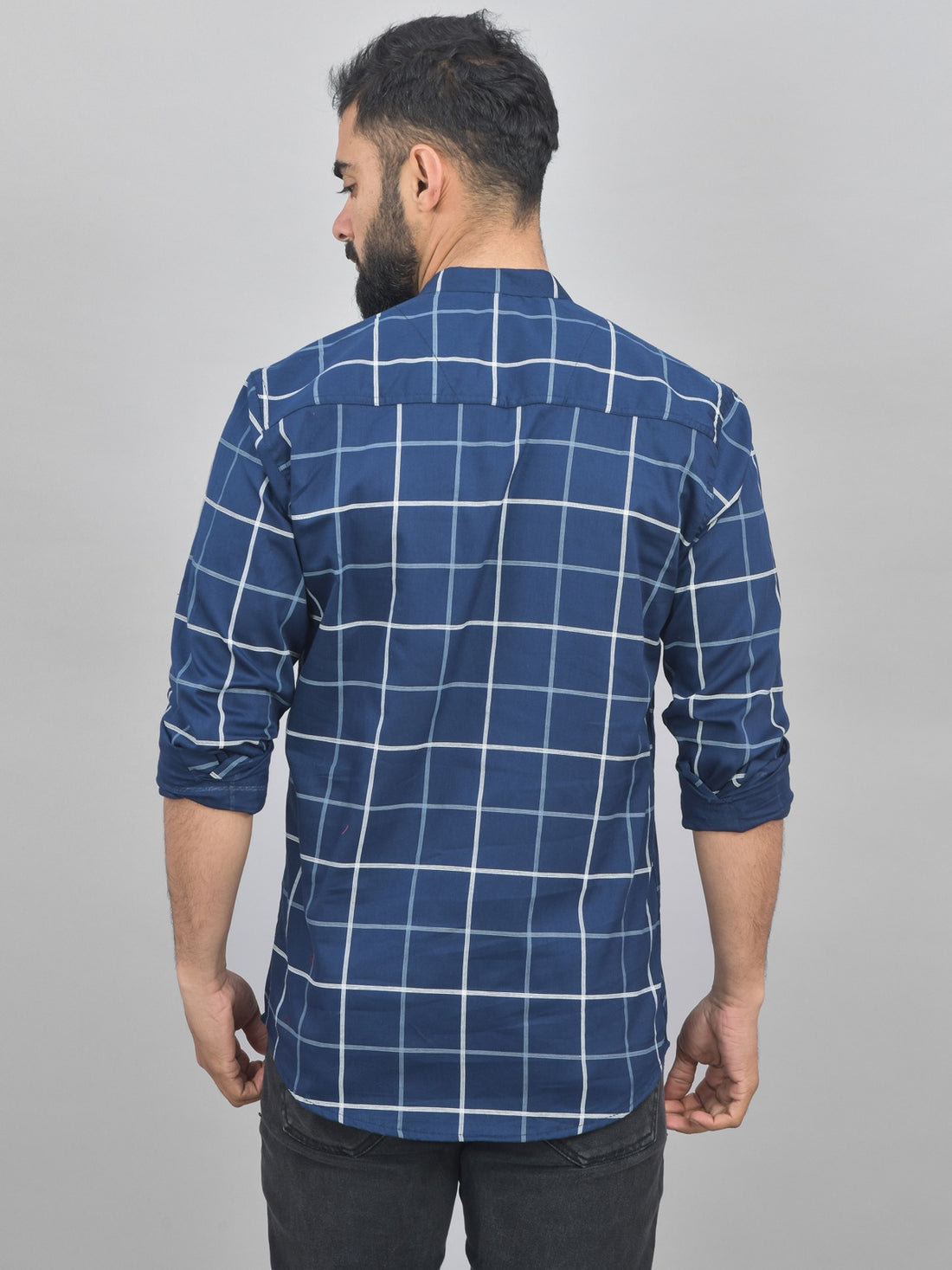 Quaclo Mens Navy Blue Wide Check Cotton Short Kurta