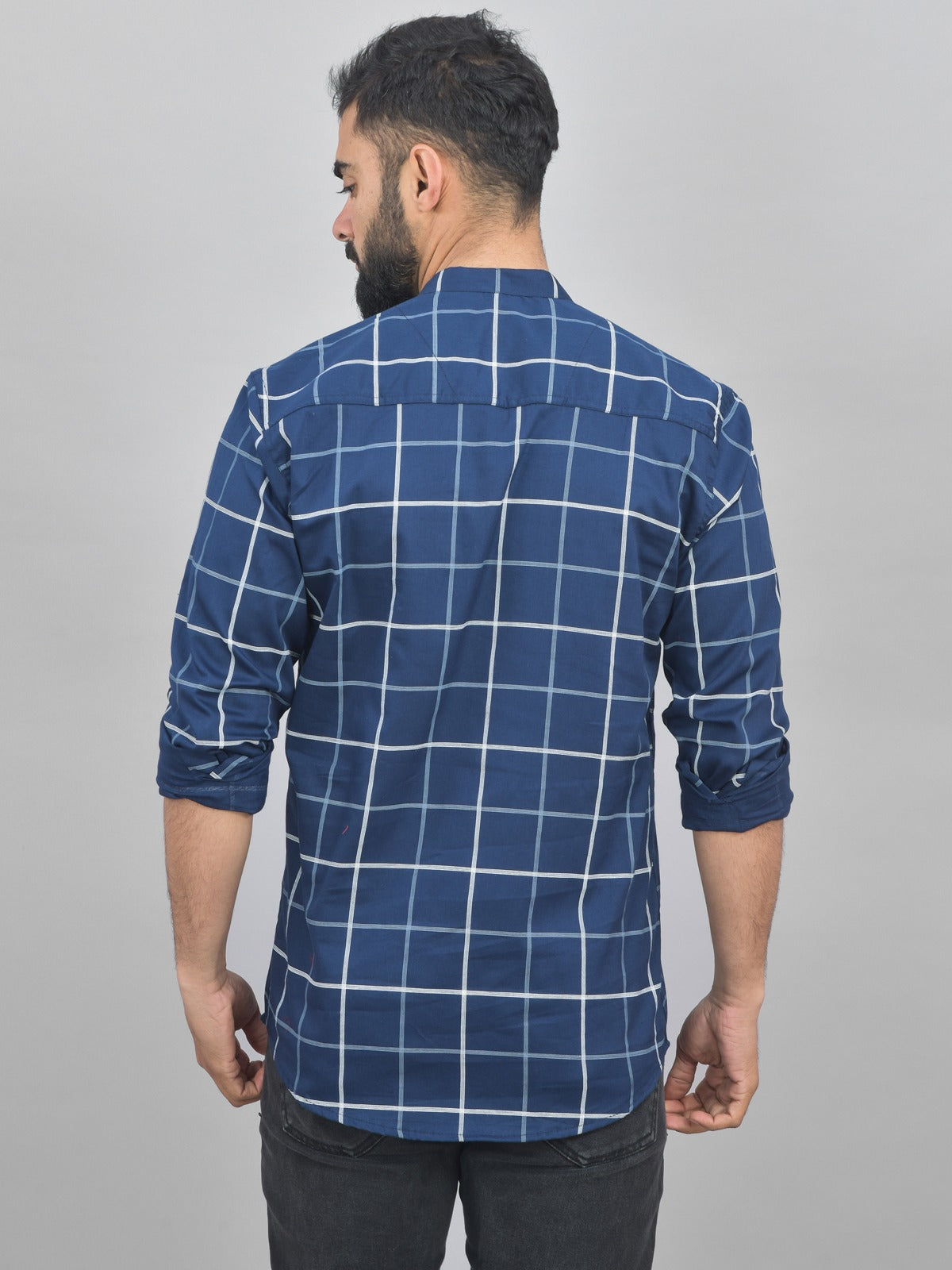 Quaclo Mens Navy Blue Wide Check Cotton Short Kurta