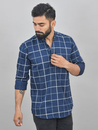 Quaclo Mens Navy Blue Wide Check Cotton Short Kurta