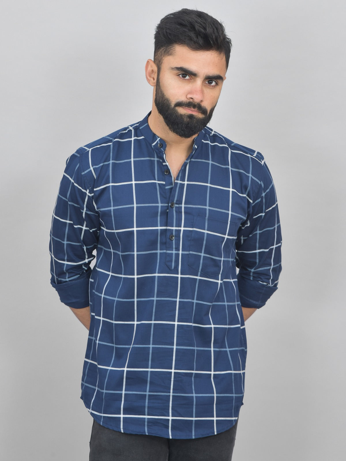 Pack Of 2 Mens Navy Blue And Wine Wide Check Cotton Short Kurta Combo