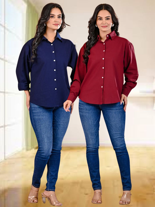 Pack Of 2 Womens Navy Blue And Wine Cotton Loose Fit Shirt Combo
