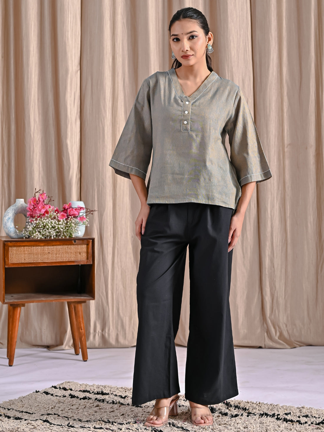 Ocian Blue Handloom Cotton Anchor Thread Designer Top