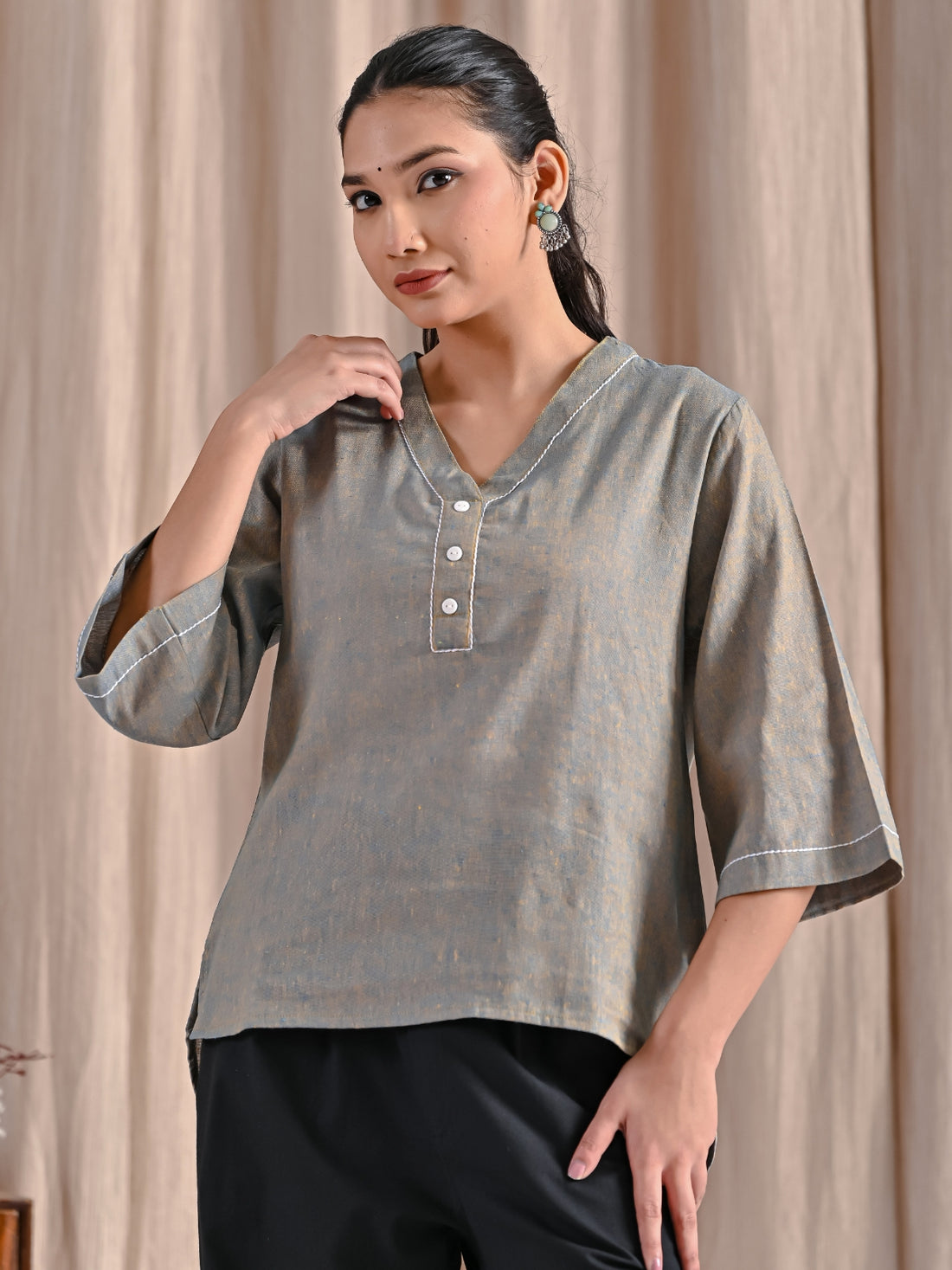 Pack Of 2 Ocian Blue And Teal Blue Handloom Cotton Anchor Thread Designer Tops