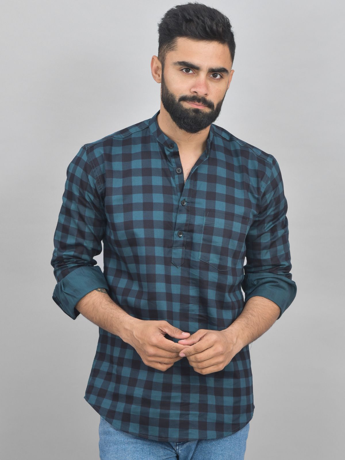 Quaclo Mens Ocian Blue Check Cotton Short Kurta