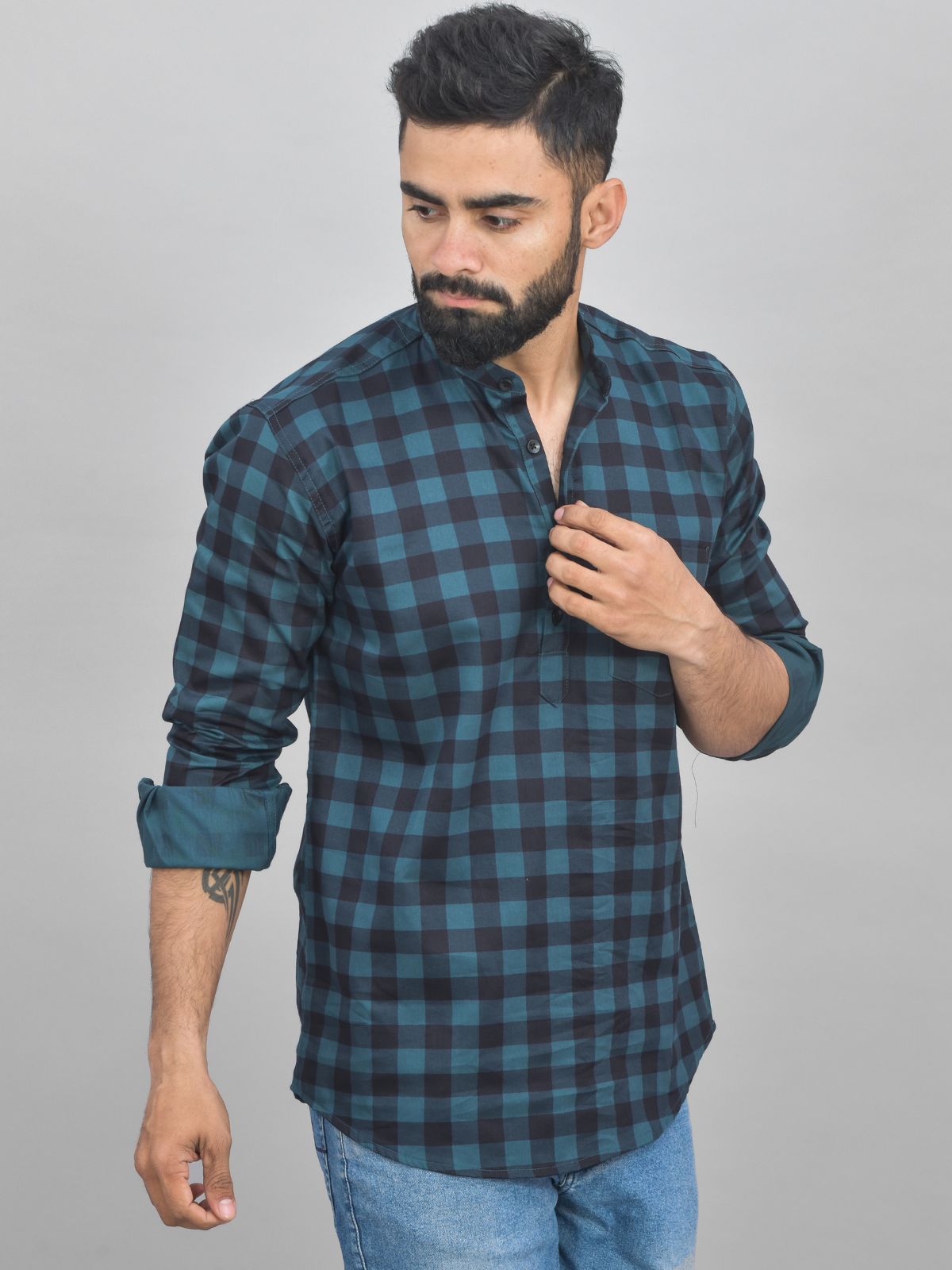 Quaclo Mens Ocian Blue Check Cotton Short Kurta