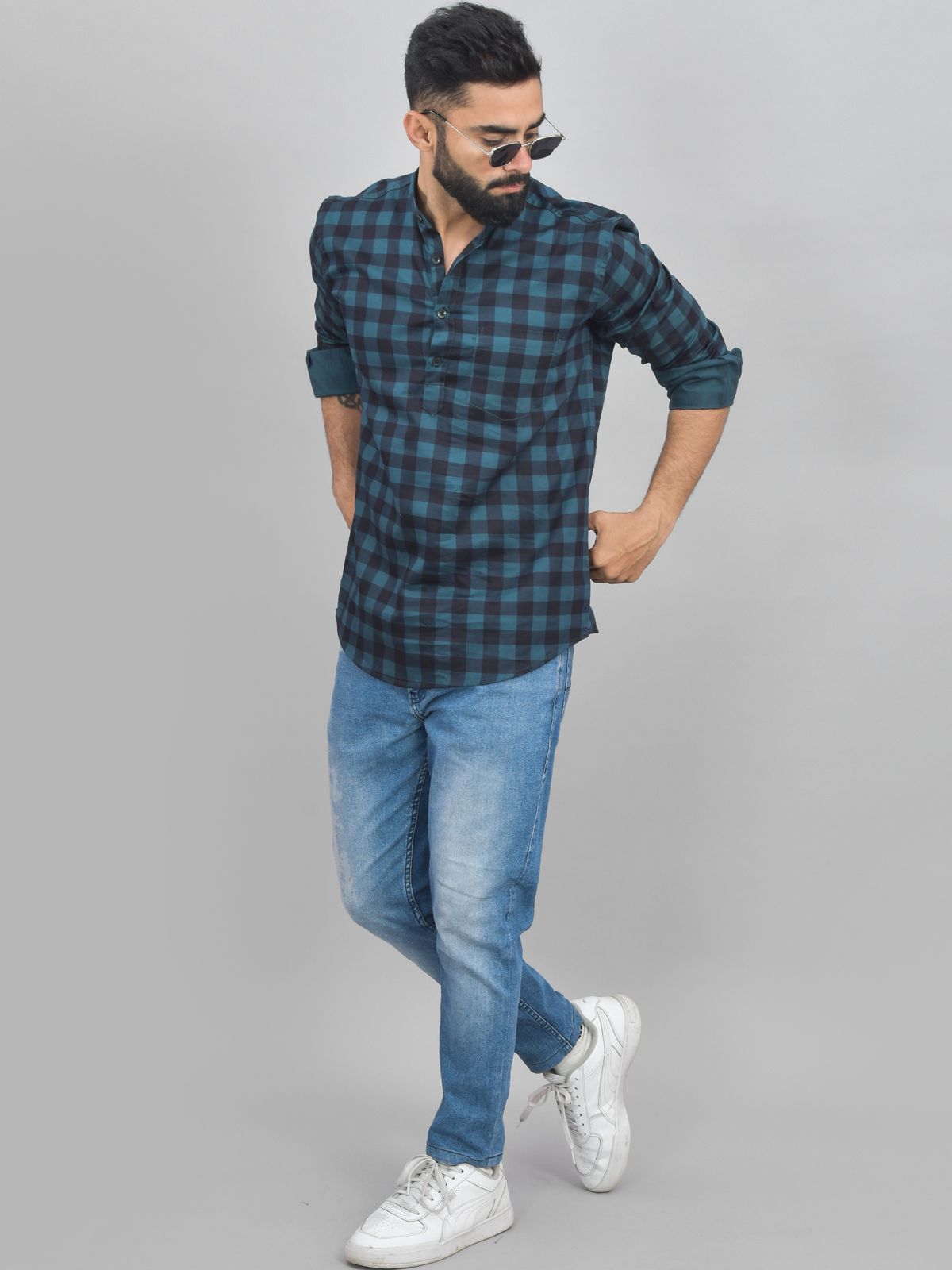 Quaclo Mens Ocian Blue Check Cotton Short Kurta