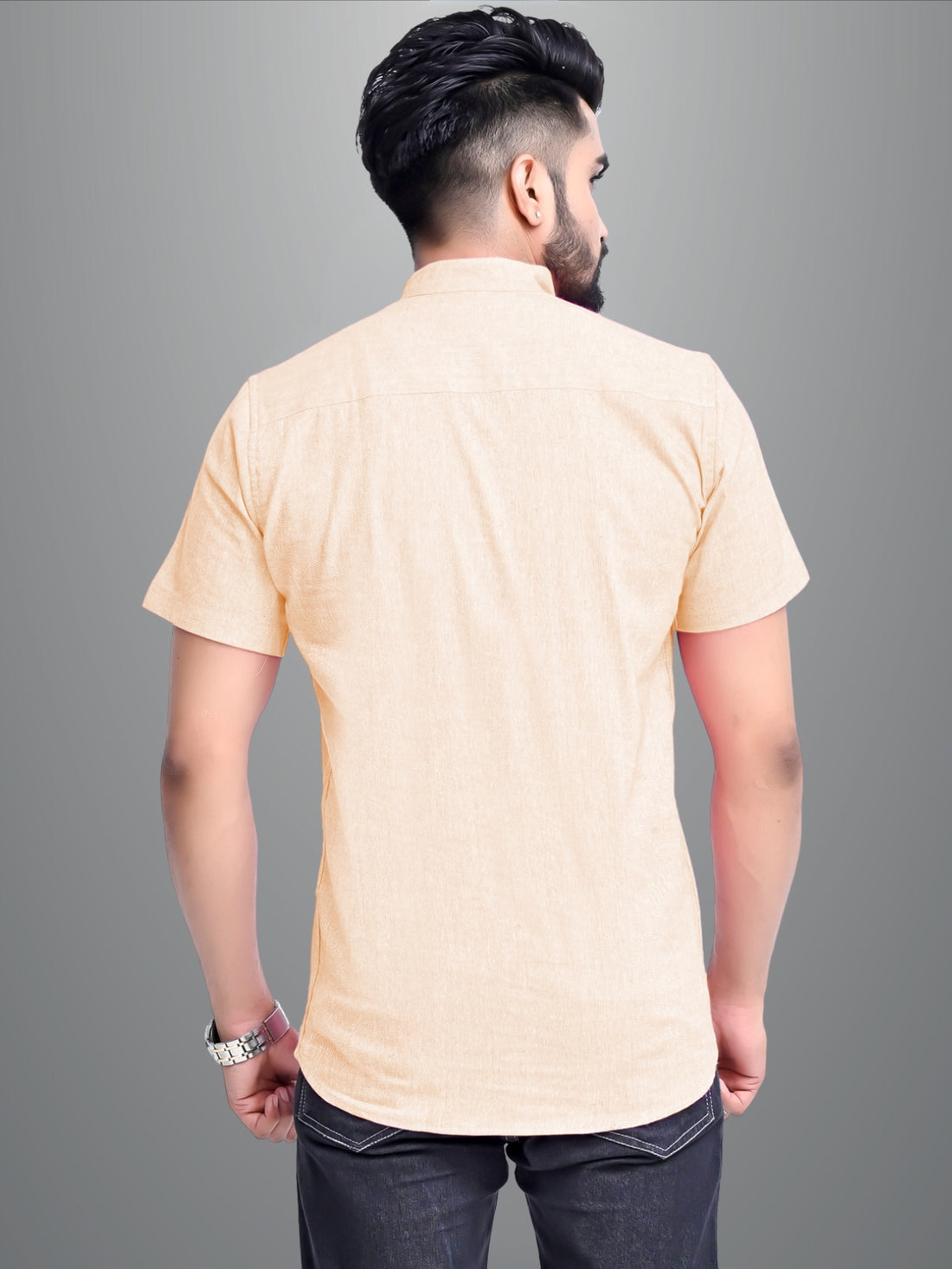 Mens Solid Off White Cotton Blend Short Kurta
