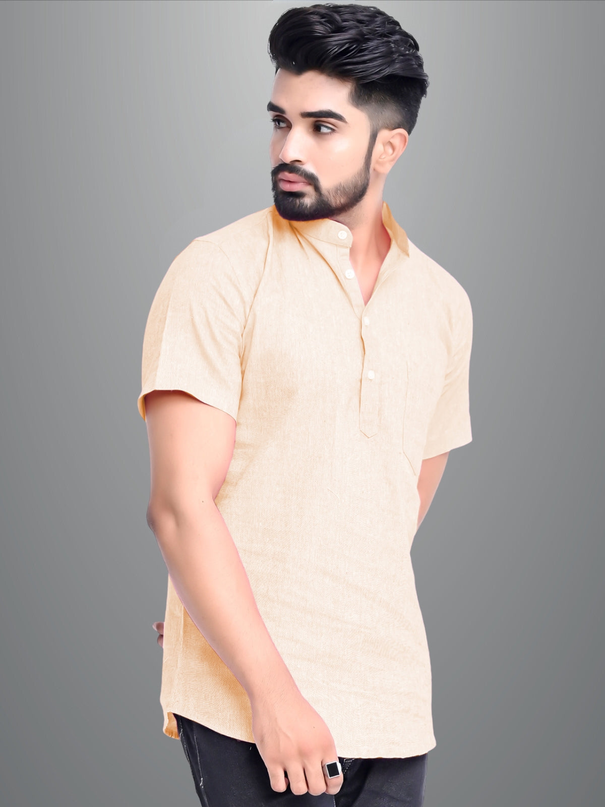 Pack of 2 Mens Solid Beige And Off White Khadi Cotton Short Kurta Combo